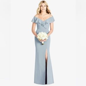 OFF-THE-SHOULDER DRAPED RUFFLE FAUX WRAP TRUMPET GOWN IN MIST